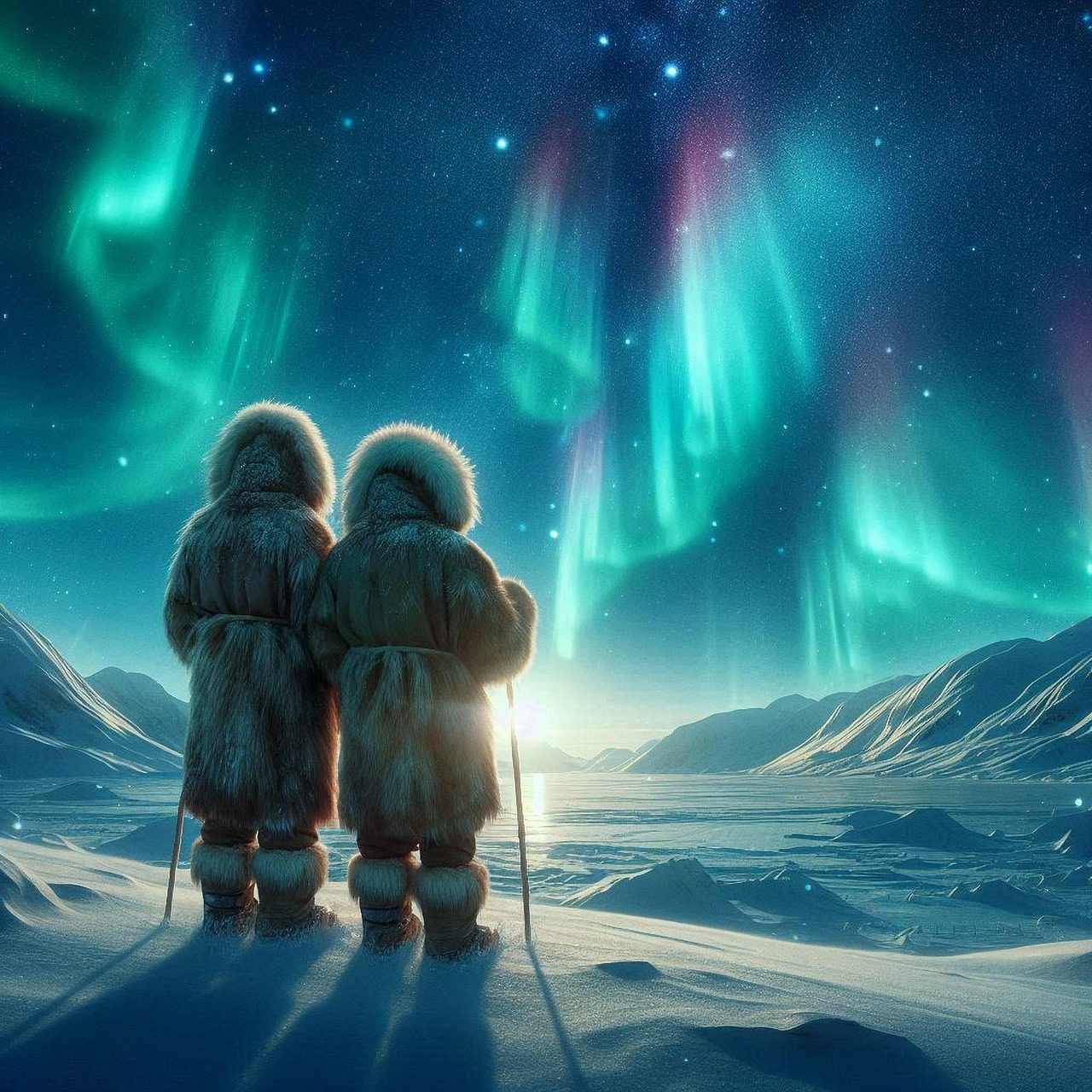 ai generated, eskimos, northern lights, winter, night, snow, nature, inuit